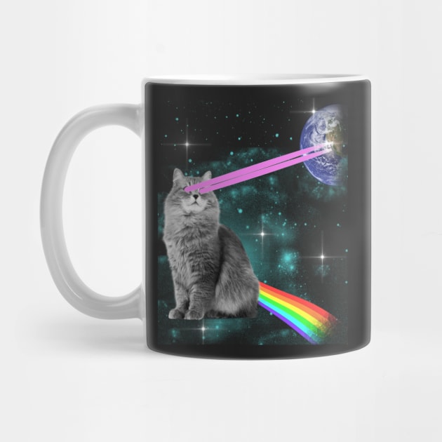 Outer Space Kitty Cat Laser Eyes Rainbow Earth by JakeRhodes